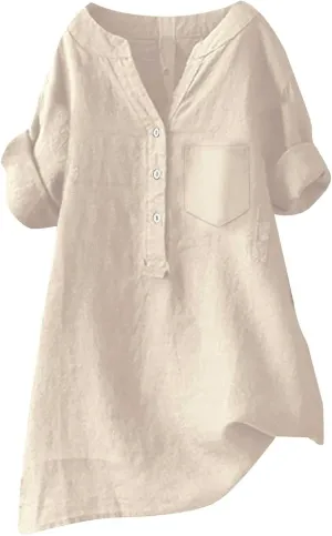 Women's Linen Button Down Shirts Short Sleeve V Neck Tshirts Light Weight Plain Blouses Casual Loose Fit Tunic Tops