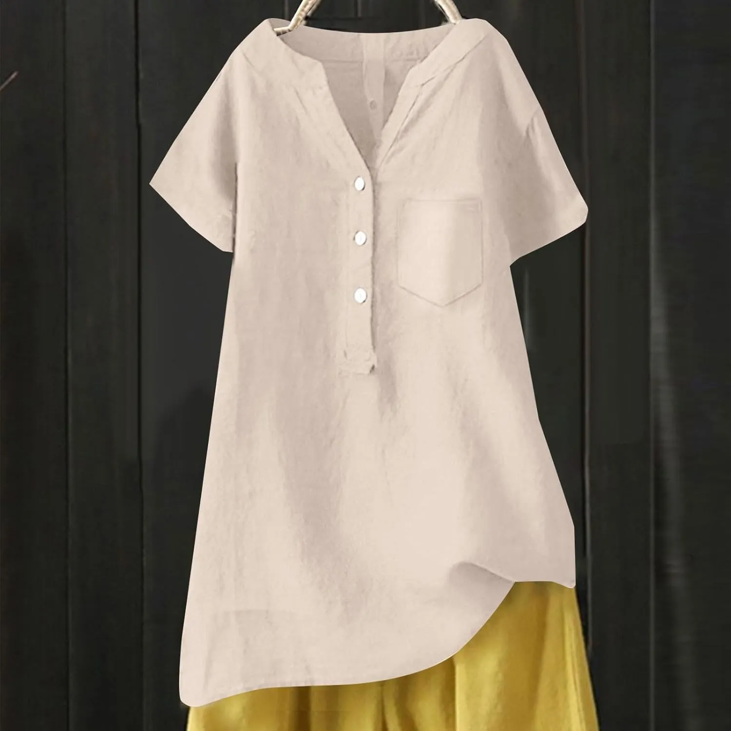 Women's Linen Button Down Shirts Short Sleeve V Neck Tshirts Light Weight Plain Blouses Casual Loose Fit Tunic Tops