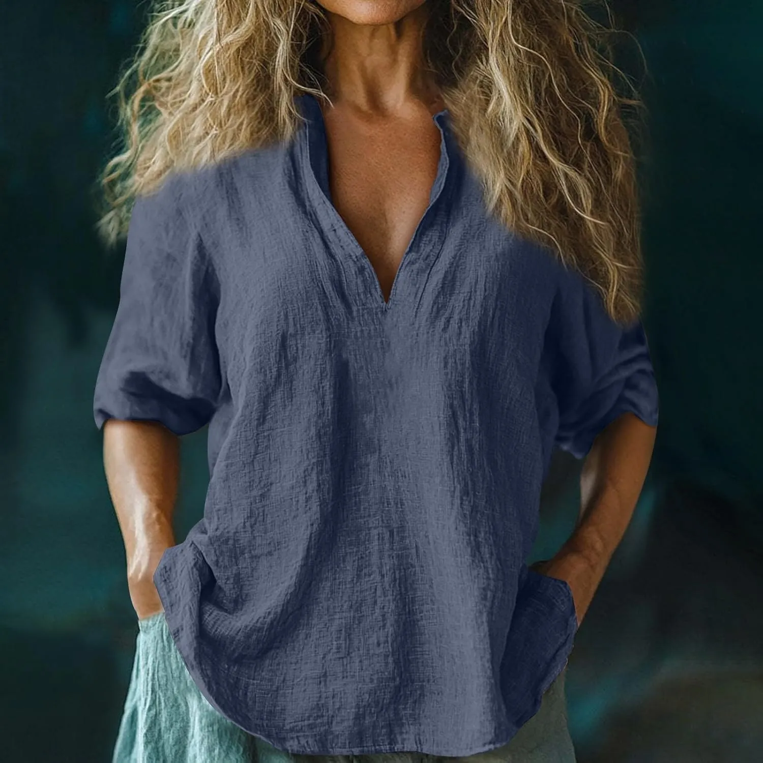 Womens Linen Shirts 3/4 Sleeve V Neck Plain T Shirts Summer Trendy Loose Fit Casual Tops Gauze Boho Blouses