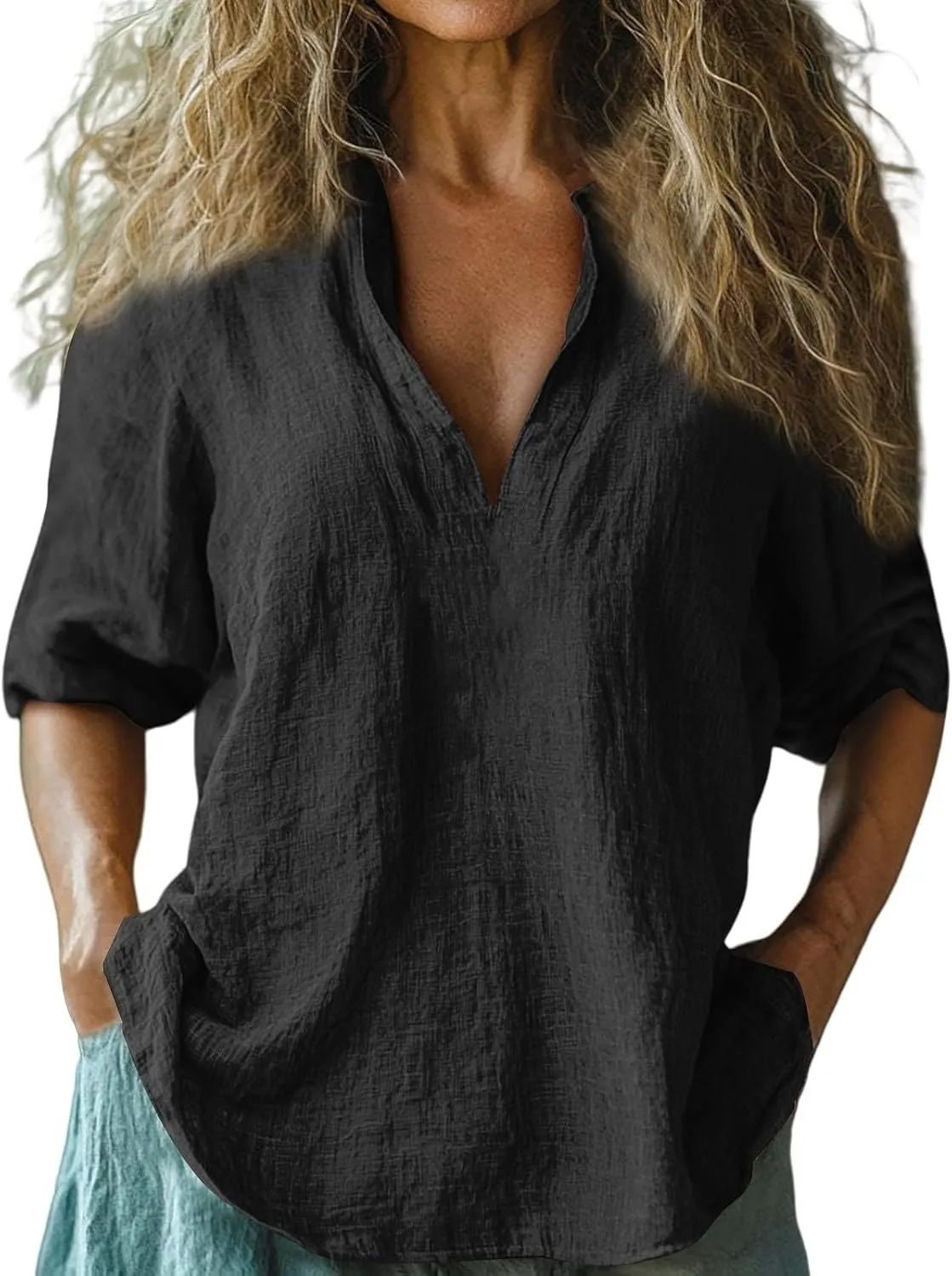 Womens Linen Shirts 3/4 Sleeve V Neck Plain T Shirts Summer Trendy Loose Fit Casual Tops Gauze Boho Blouses