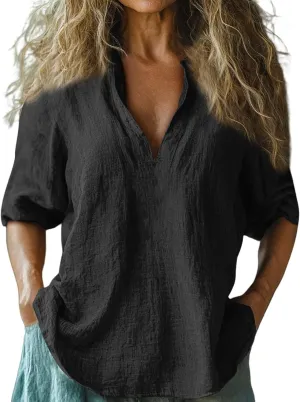 Womens Linen Shirts 3/4 Sleeve V Neck Plain T Shirts Summer Trendy Loose Fit Casual Tops Gauze Boho Blouses