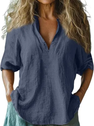 Womens Linen Shirts 3/4 Sleeve V Neck Plain T Shirts Summer Trendy Loose Fit Casual Tops Gauze Boho Blouses