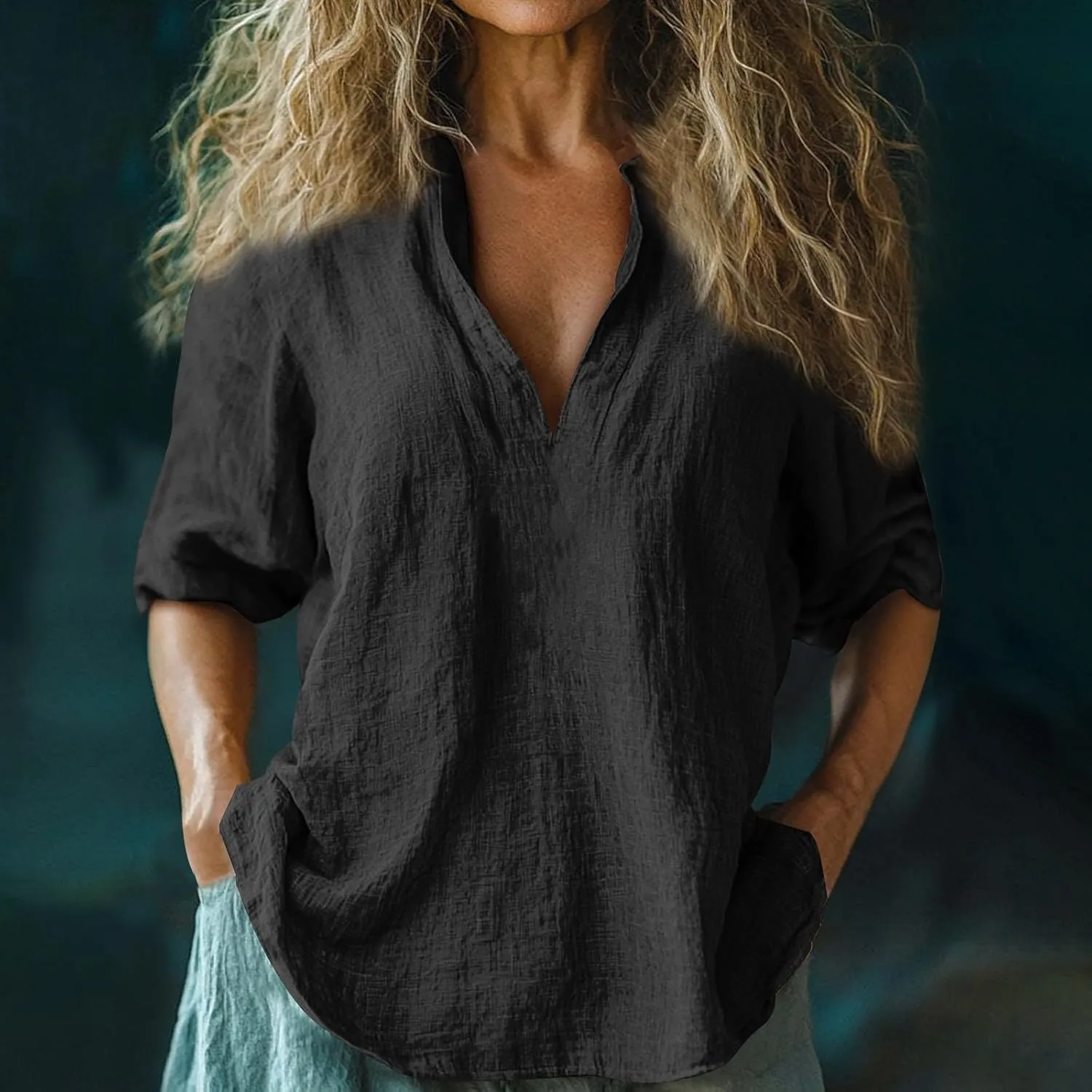 Womens Linen Shirts 3/4 Sleeve V Neck Plain T Shirts Summer Trendy Loose Fit Casual Tops Gauze Boho Blouses