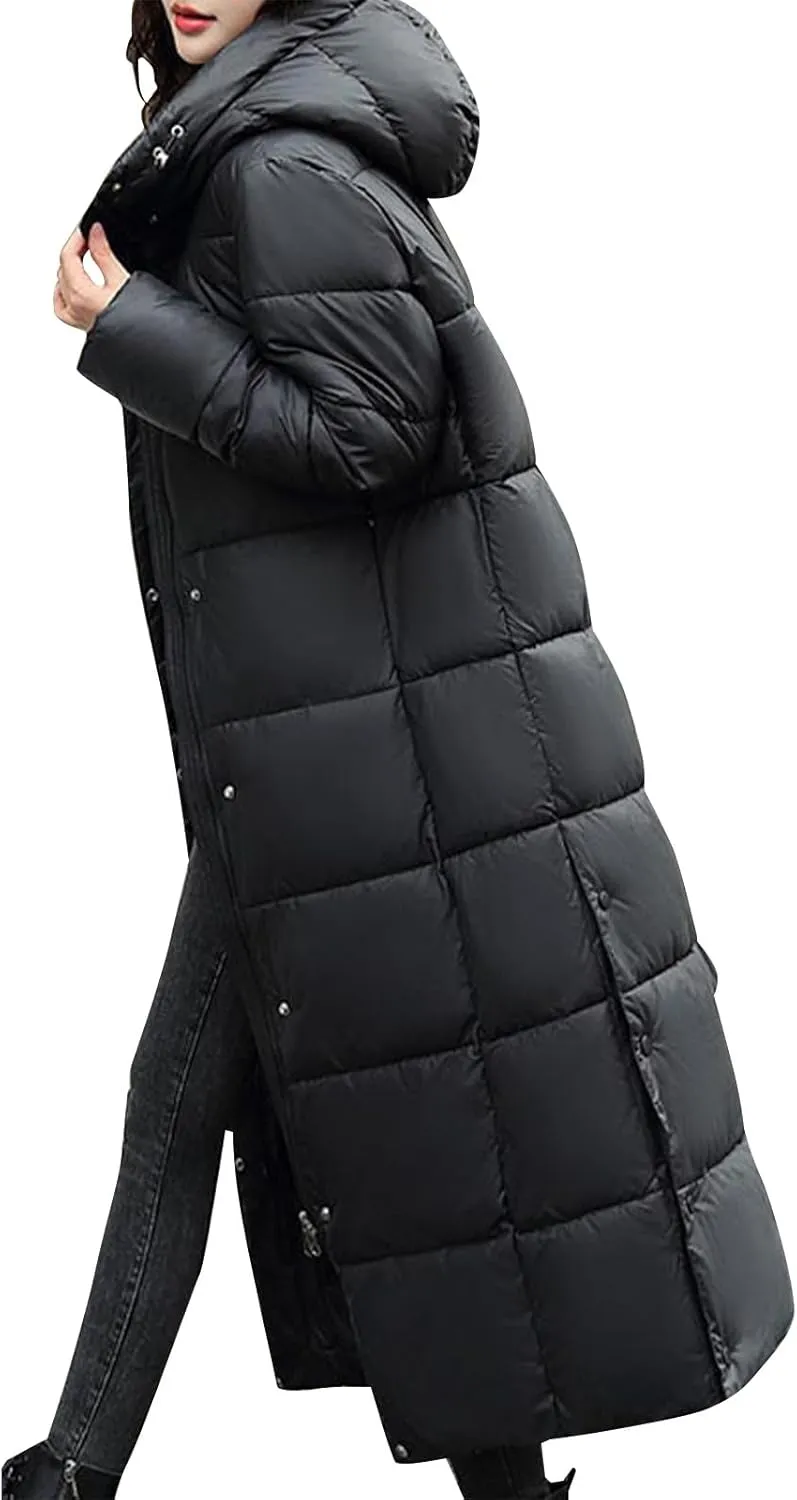 Women's Long Quilted Down Jacket Winter Thickened Hooded Zip Up Thermal Maxi Length Outwear Windproof Puffer Jackets