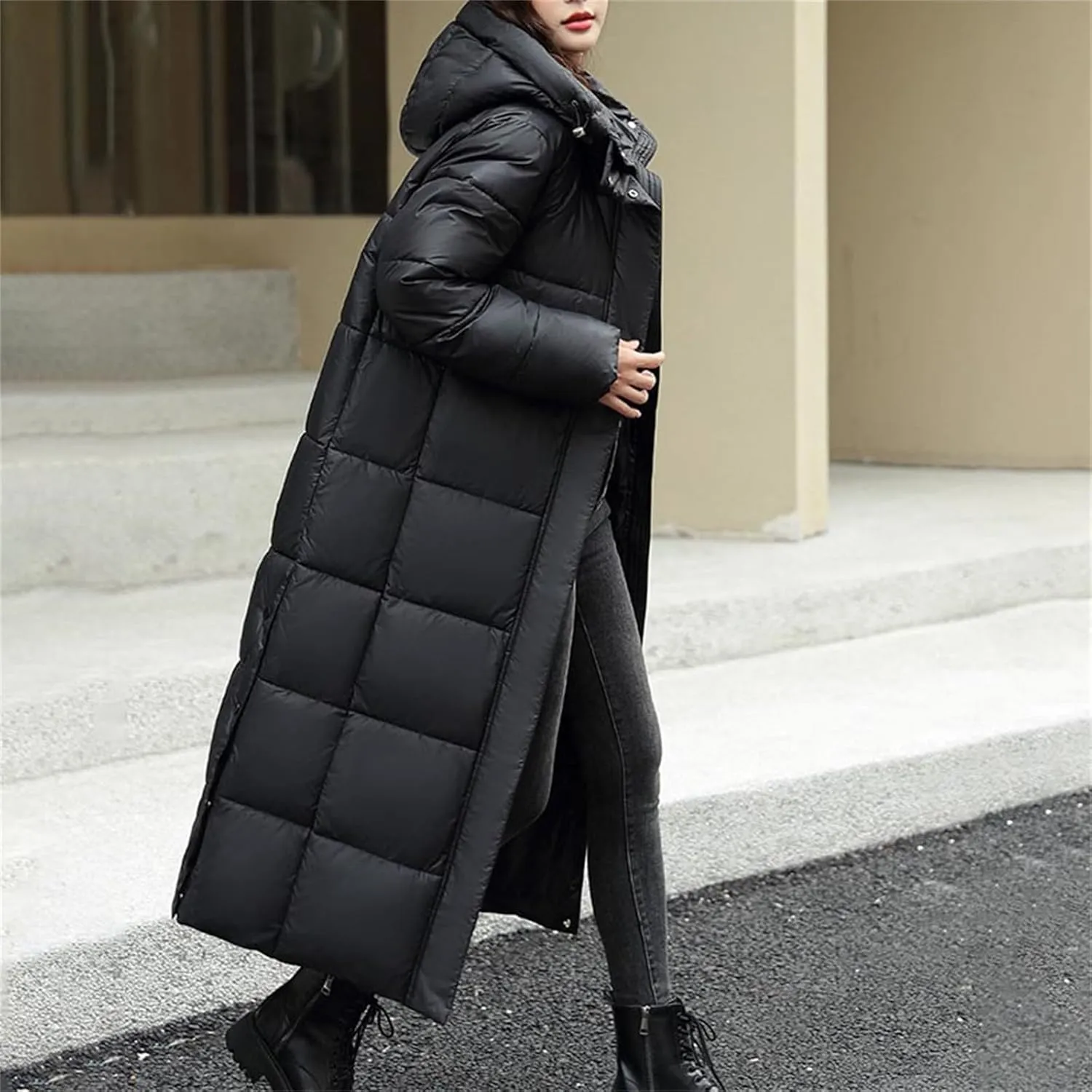 Women's Long Quilted Down Jacket Winter Thickened Hooded Zip Up Thermal Maxi Length Outwear Windproof Puffer Jackets