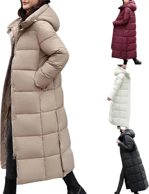 Women's Long Quilted Down Jacket Winter Thickened Hooded Zip Up Thermal Maxi Length Outwear Windproof Puffer Jackets