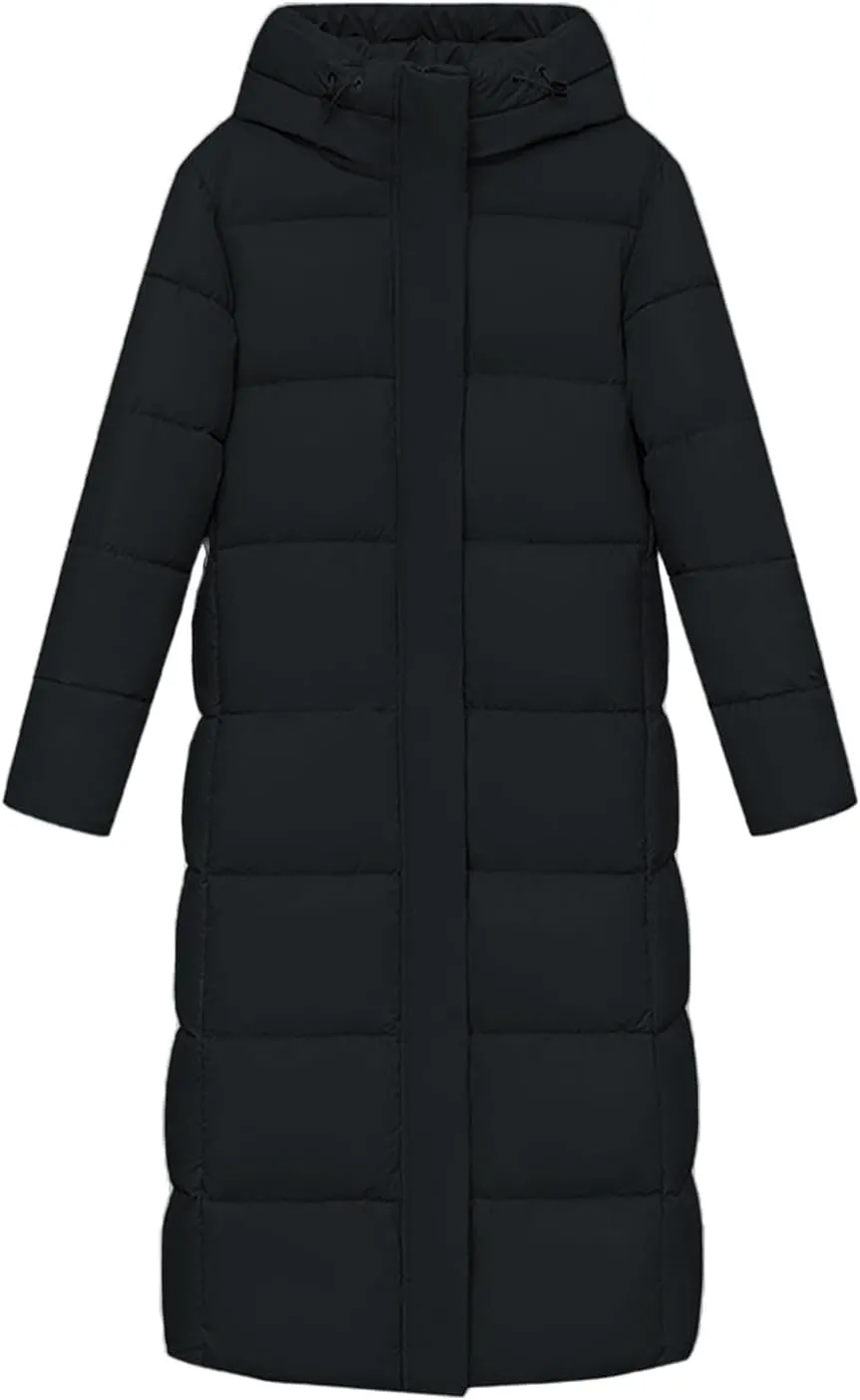 Women's Long Quilted Down Jacket Winter Thickened Hooded Zip Up Thermal Maxi Length Outwear Windproof Puffer Jackets
