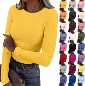 Womens Long Sleeve Crewneck Tops Rib Knit Slim Fit Basic Shirts 2024 Casual T-Shirt Stretchy Going Out Basic Outfits