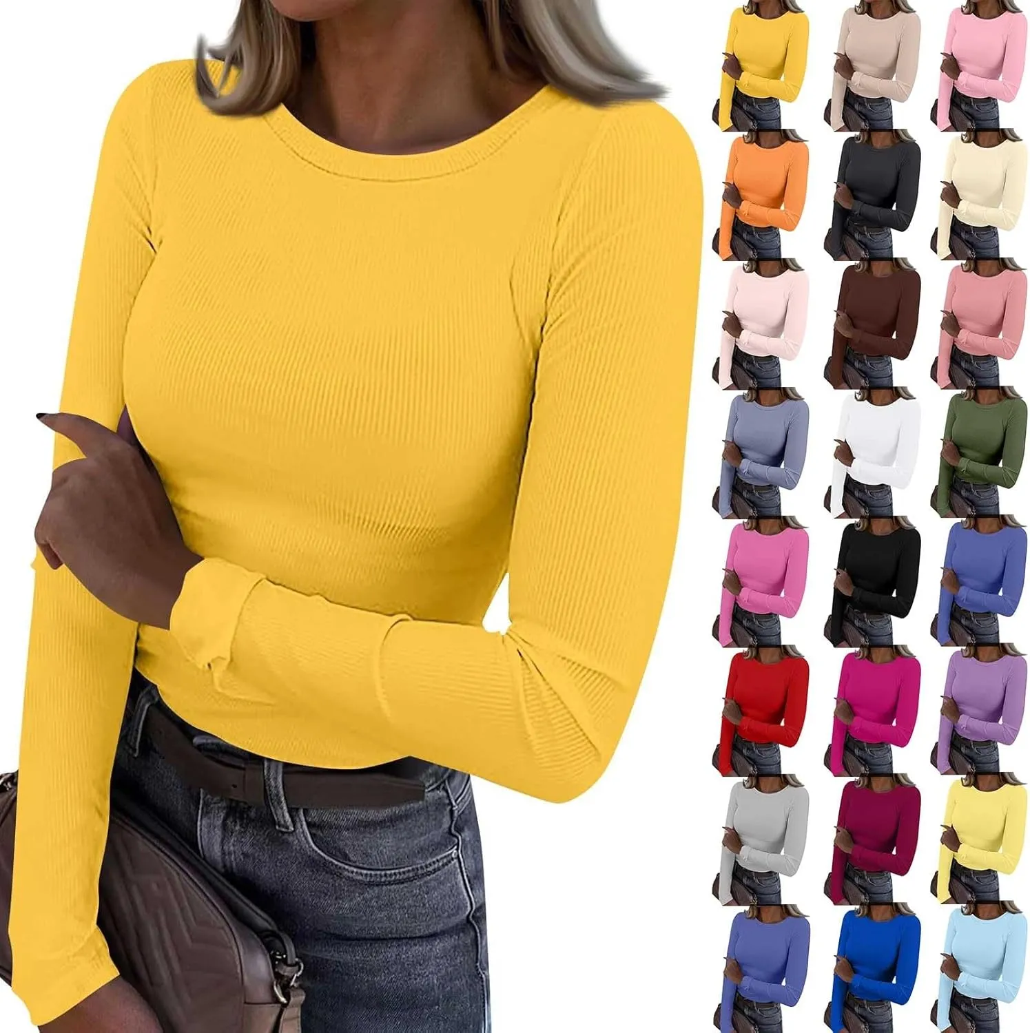 Womens Long Sleeve Crewneck Tops Rib Knit Slim Fit Basic Shirts 2024 Casual T-Shirt Stretchy Going Out Basic Outfits