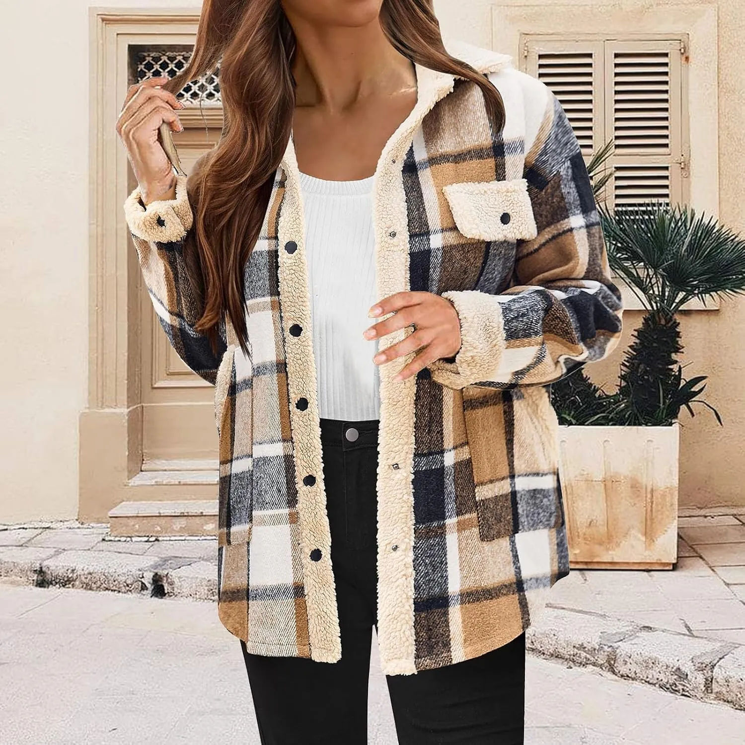 Womens Long Sleeve Plaid Jacket Flannel Lapel Button Down Fuzzy Shacket Jacket Casual Lapel Fleece Coats Fall Outfits