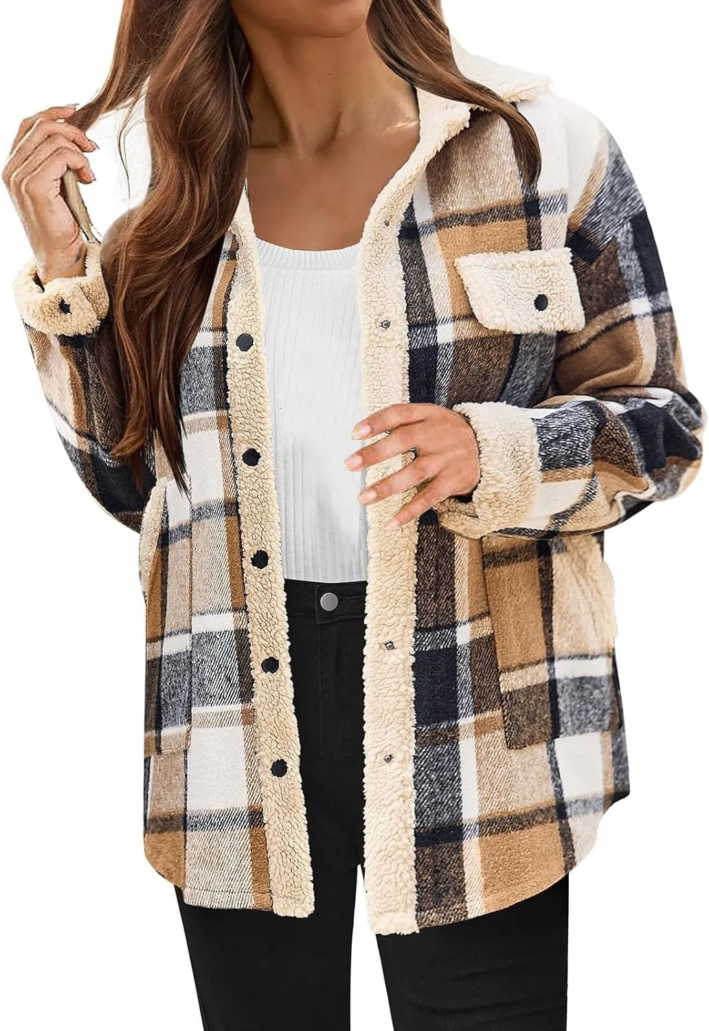 Womens Long Sleeve Plaid Jacket Flannel Lapel Button Down Fuzzy Shacket Jacket Casual Lapel Fleece Coats Fall Outfits