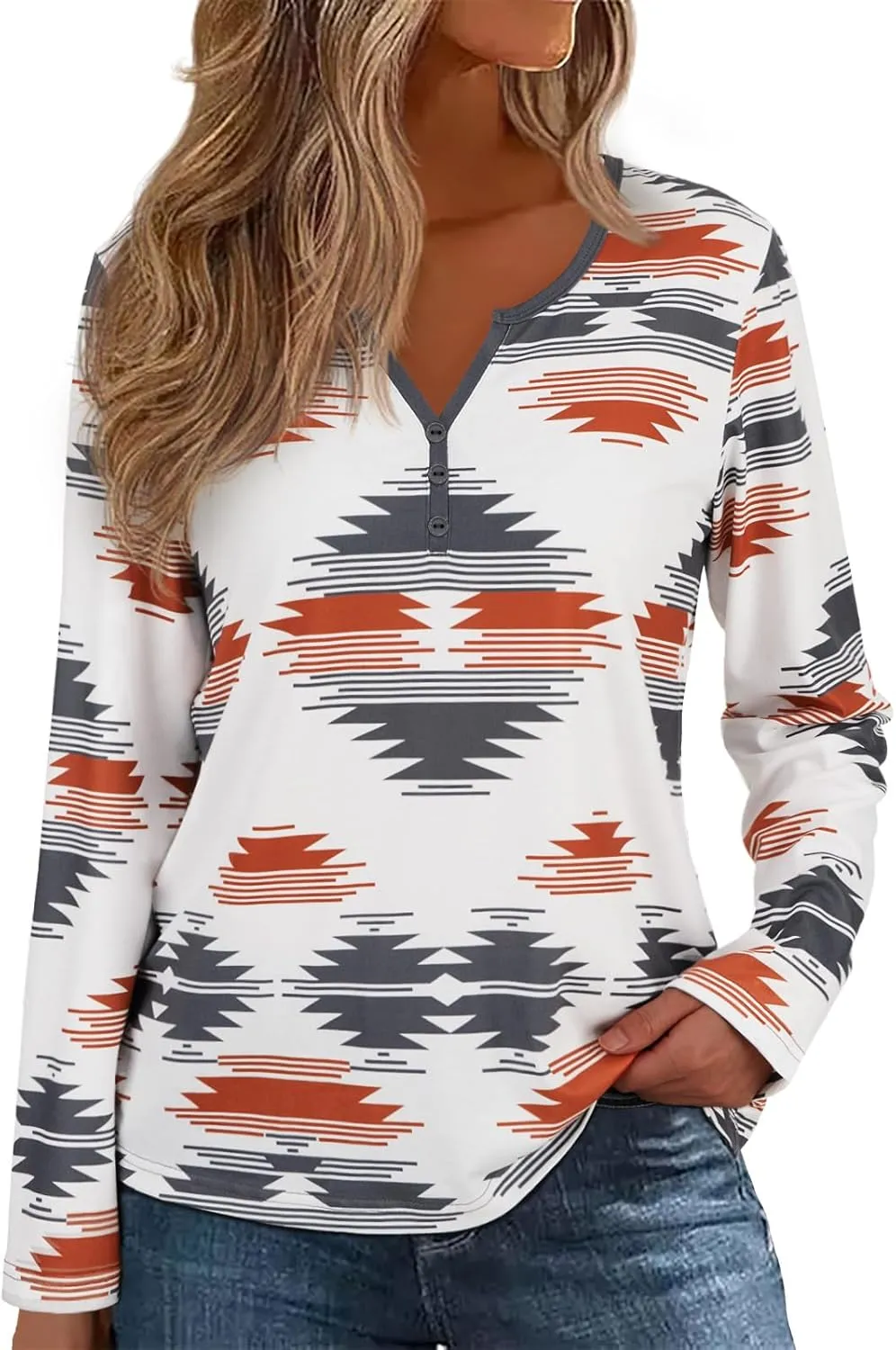 Womens Long Sleeve T Shirts Aztec Cow Print Western Henley Tops Ladies Graphic Tees Casual V Neck Loose Fit Blouse