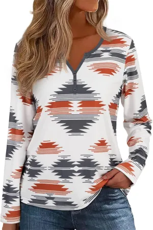 Womens Long Sleeve T Shirts Aztec Cow Print Western Henley Tops Ladies Graphic Tees Casual V Neck Loose Fit Blouse