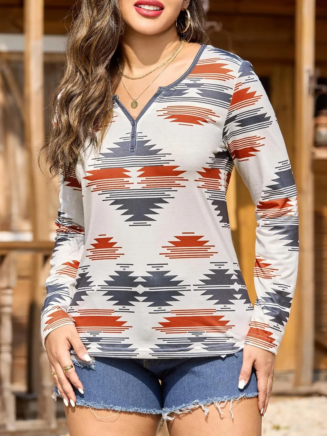 Womens Long Sleeve T Shirts Aztec Cow Print Western Henley Tops Ladies Graphic Tees Casual V Neck Loose Fit Blouse