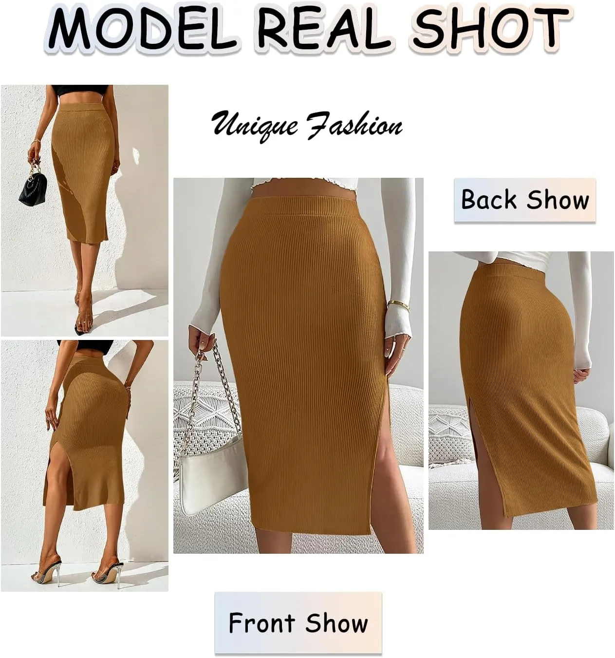 Women's Midi Skirt High Elastic Waist A Line Pleated Midi Skirts Button Front Casual Flared Skirt with Pockets