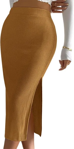 Women's Midi Skirt High Elastic Waist A Line Pleated Midi Skirts Button Front Casual Flared Skirt with Pockets
