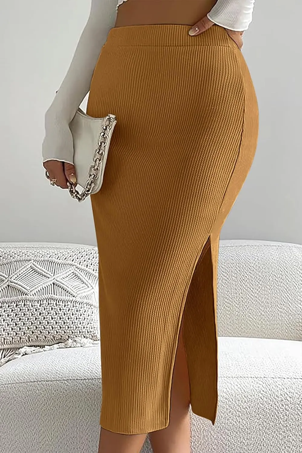 Women's Midi Skirt High Elastic Waist A Line Pleated Midi Skirts Button Front Casual Flared Skirt with Pockets