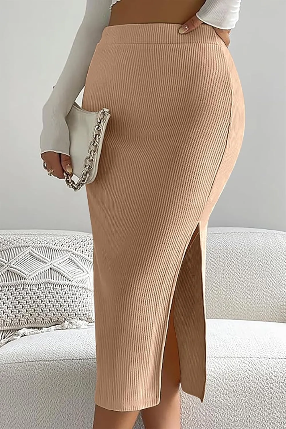 Women's Midi Skirt High Elastic Waist A Line Pleated Midi Skirts Button Front Casual Flared Skirt with Pockets