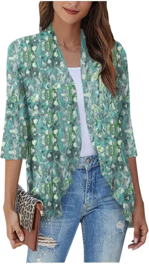 Womens Open Front Cardigan Lightweight Retro Print Cardigans 3/4 Sleeve Blouse Tops Coat Casual Duster Jackets