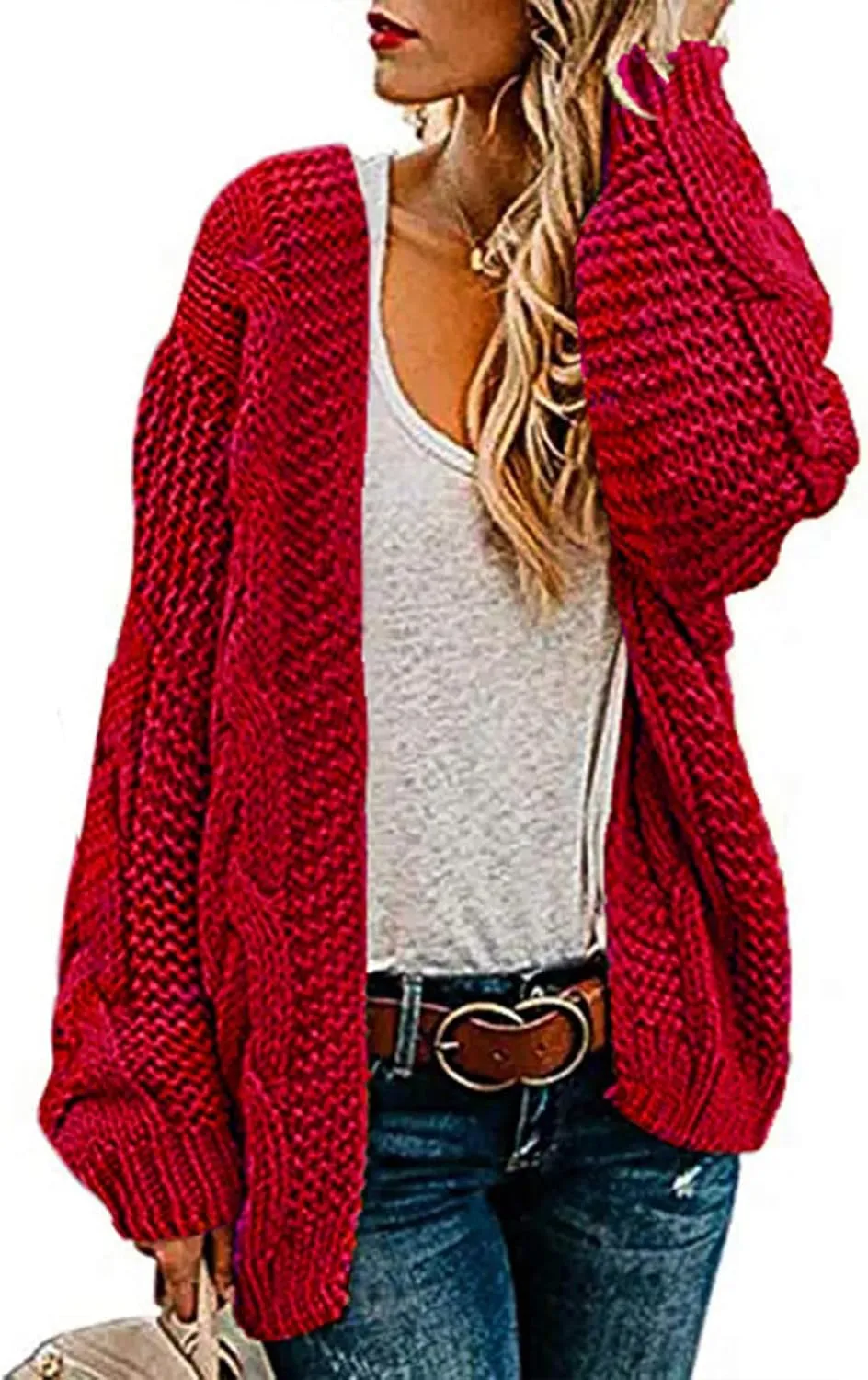 Womens Open Front Cardigan Sweaters Oversized Chunky Cable Knit Long Sleeve Cardigans Coats Outwear with Pockets
