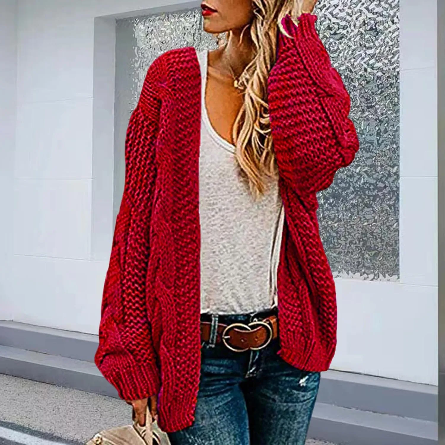 Womens Open Front Cardigan Sweaters Oversized Chunky Cable Knit Long Sleeve Cardigans Coats Outwear with Pockets