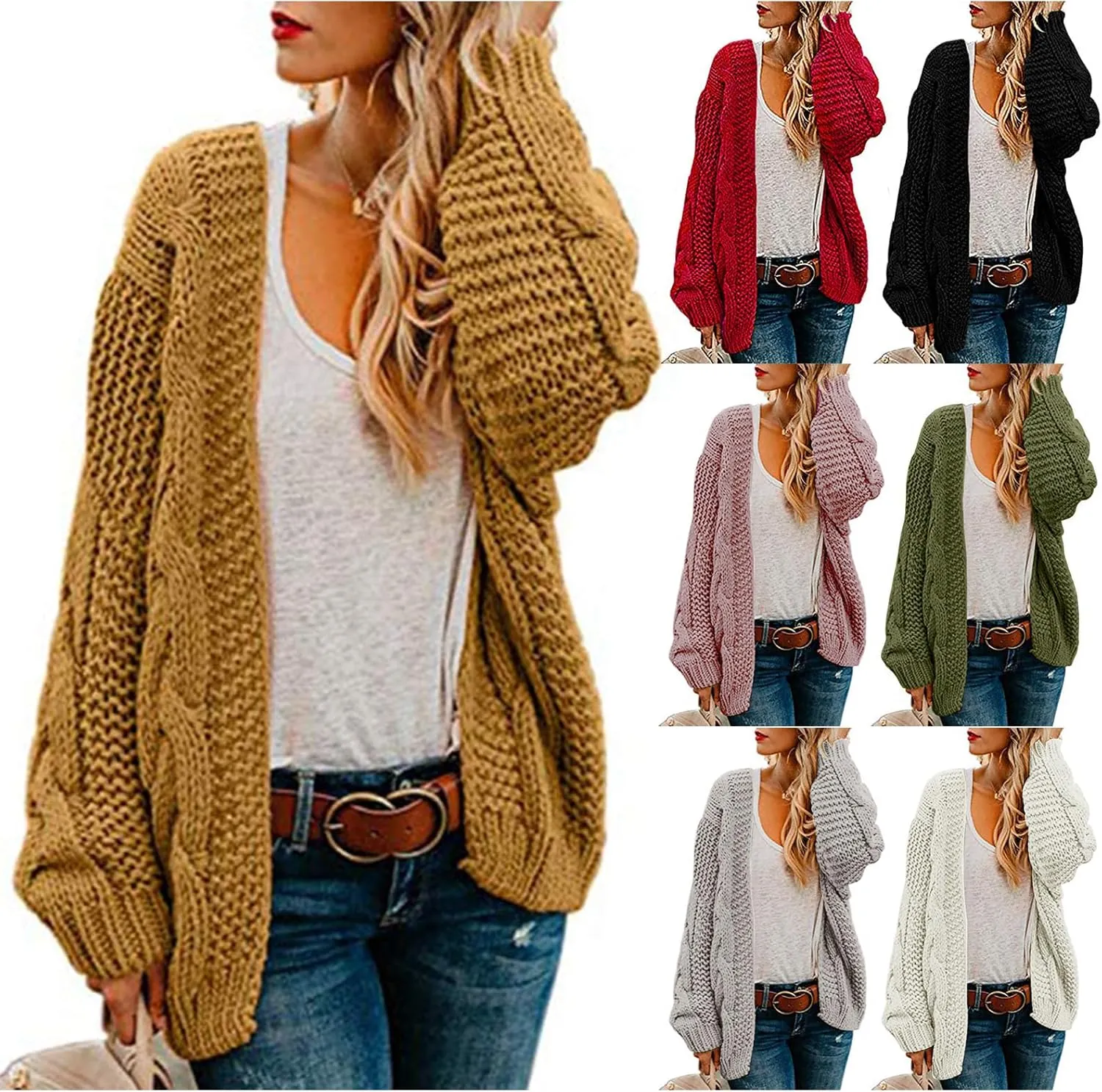 Womens Open Front Cardigan Sweaters Oversized Chunky Cable Knit Long Sleeve Cardigans Coats Outwear with Pockets