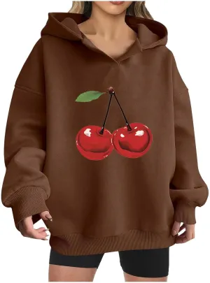 Womens Oversized Cherry Printed Hoodies Pullover Long Sleeve Cute Sweatshirt Tops Loose Fit Casual Tunic Blouses