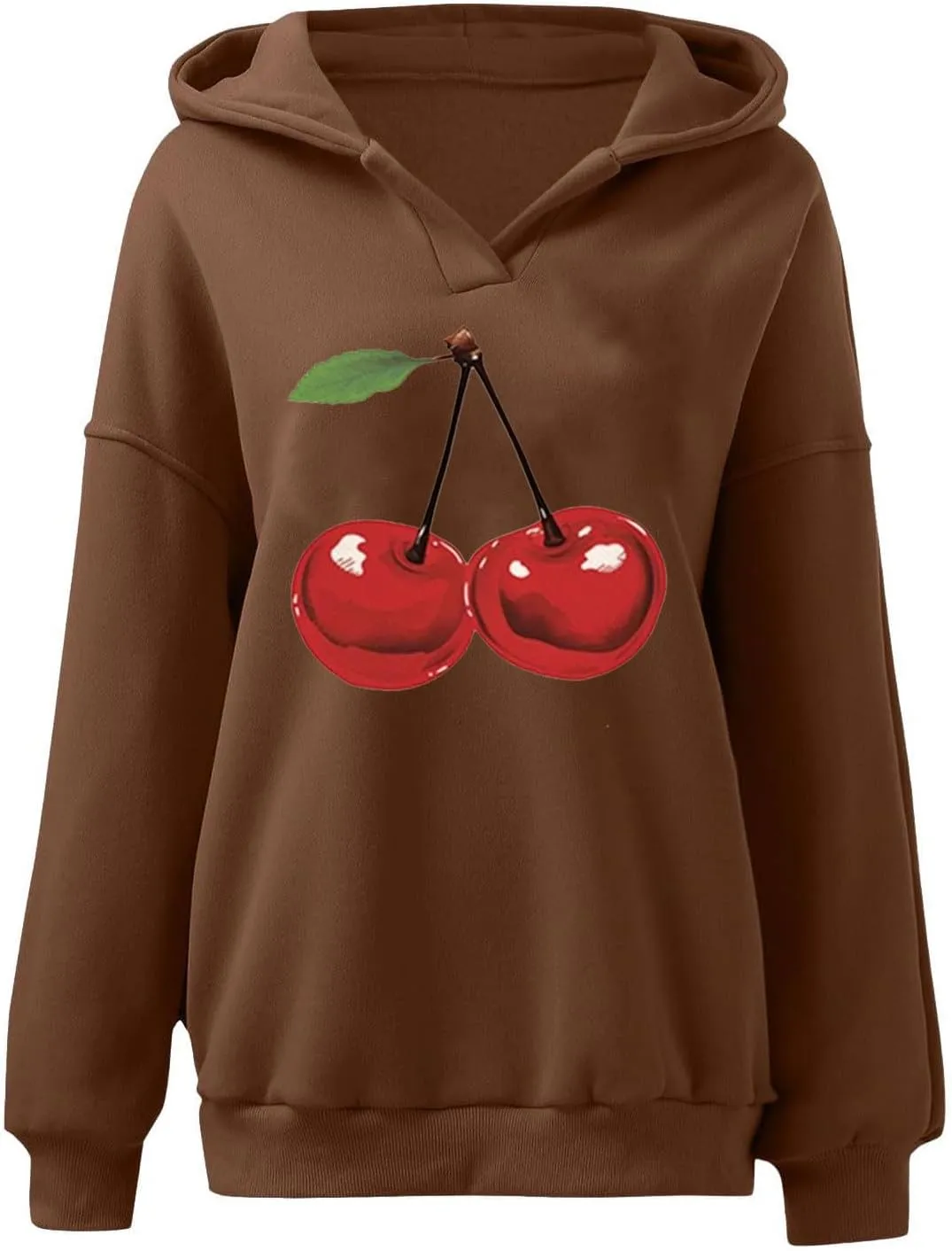 Womens Oversized Cherry Printed Hoodies Pullover Long Sleeve Cute Sweatshirt Tops Loose Fit Casual Tunic Blouses