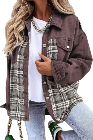 Women's Oversized Denim Shacket Jacket Plaid Long Sleeve Shirt Boyfriend Button Down Blouses Tops