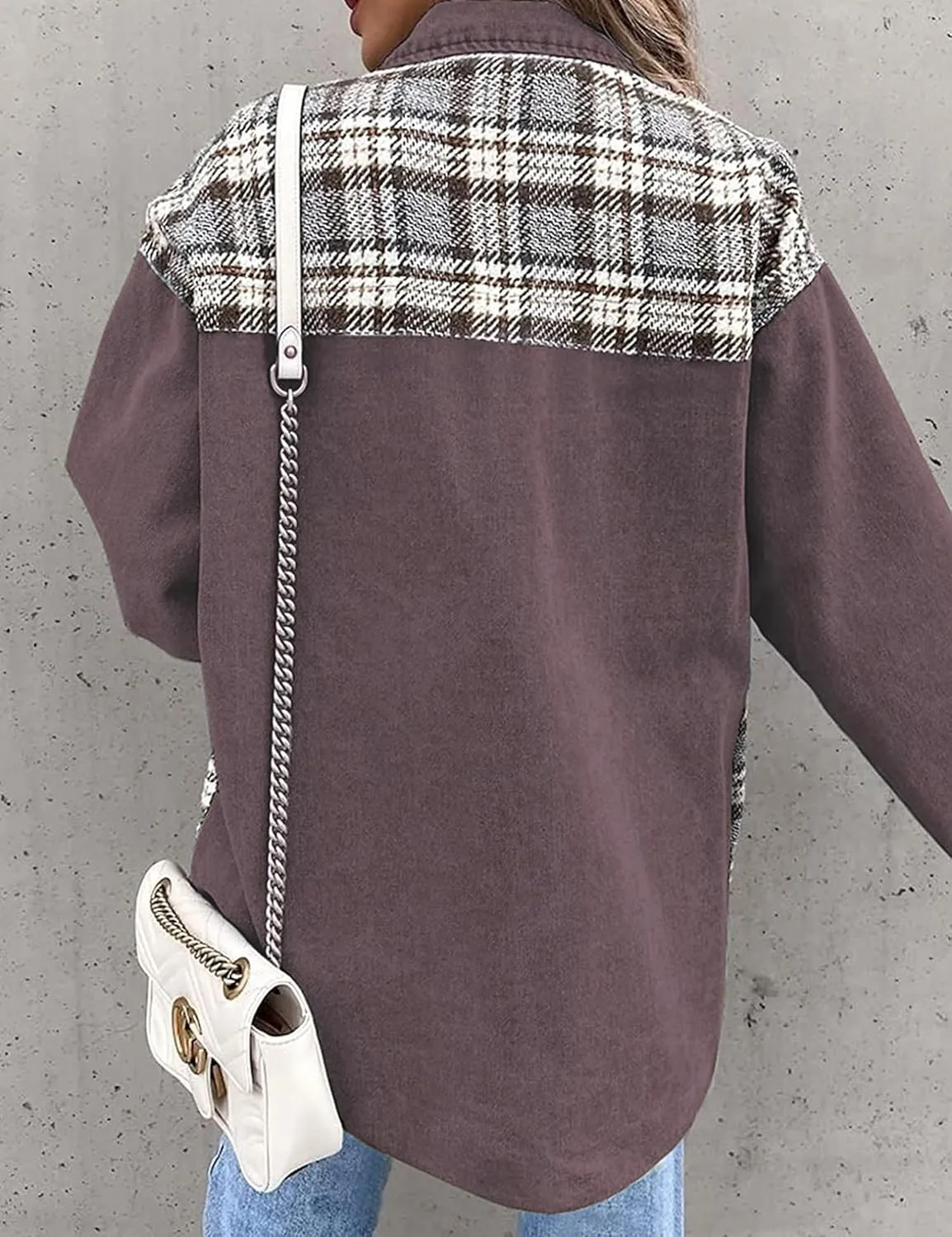Women's Oversized Denim Shacket Jacket Plaid Long Sleeve Shirt Boyfriend Button Down Blouses Tops
