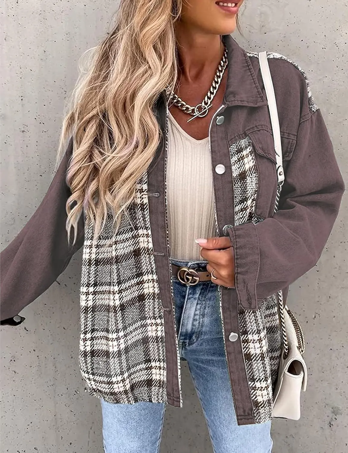 Women's Oversized Denim Shacket Jacket Plaid Long Sleeve Shirt Boyfriend Button Down Blouses Tops