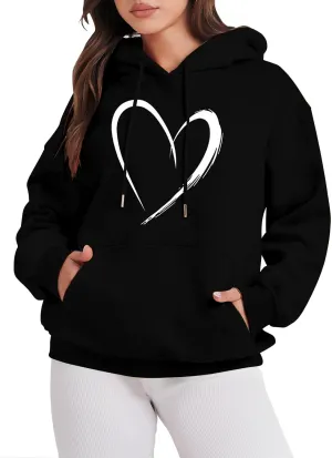 Womens Oversized Graphic Hoodies Casual Long Sleeve Heart Print Pullover Comfort Pocket Drawstring Hooded Sweatshirt