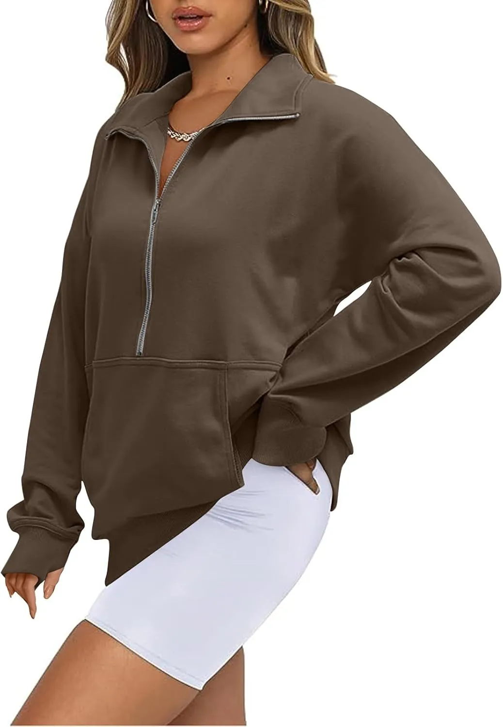 Womens Oversized Half Zip Cropped Sweatshirt 2024 Fall Fashion 1/4 Zip Pullover Preppy Thumb Hole Tops With Pocket