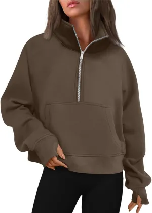 Womens Oversized Half Zip Cropped Sweatshirt 2024 Fall Fashion 1/4 Zip Pullover Preppy Thumb Hole Tops With Pocket