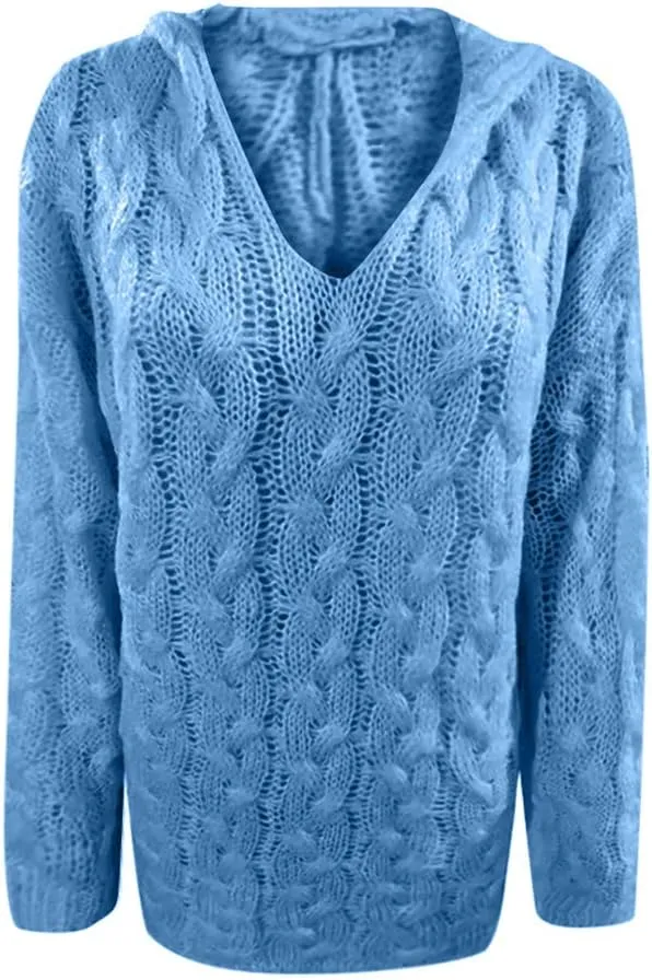 Womens Oversized Hooded Sweater Chunky Cable Knit Pullover Tops Long Sleeve Loose Fit Simple Solid Fall Hoodies