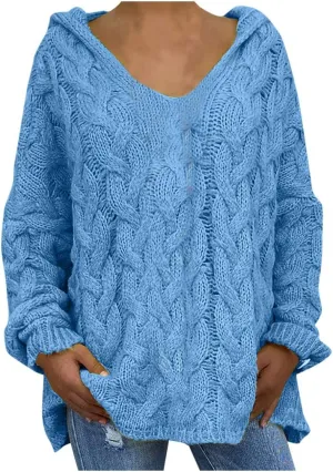 Womens Oversized Hooded Sweater Chunky Cable Knit Pullover Tops Long Sleeve Loose Fit Simple Solid Fall Hoodies