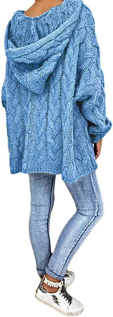 Womens Oversized Hooded Sweater Chunky Cable Knit Pullover Tops Long Sleeve Loose Fit Simple Solid Fall Hoodies