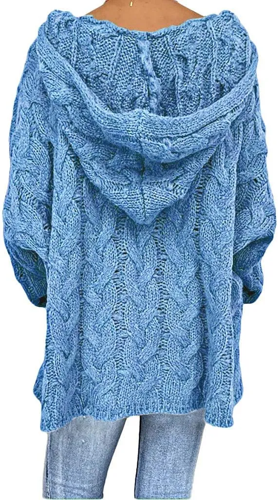 Womens Oversized Hooded Sweater Chunky Cable Knit Pullover Tops Long Sleeve Loose Fit Simple Solid Fall Hoodies