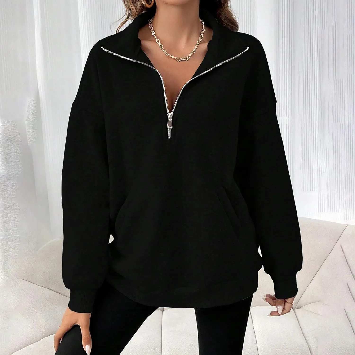 Womens Oversized Hoodie Sweatshirts Top Long Sleeve Quarter Zip Fall Tunic Pullover Trendy Teen Girls Preppy Clothes