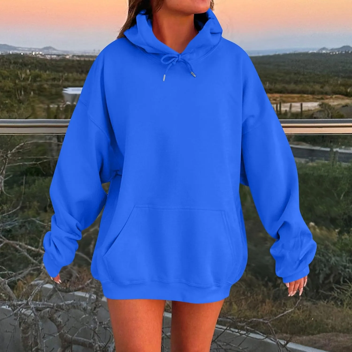 Womens Oversized Hoodies Long Sleeve Pocket Drop Shoulder Pullovers Top Solid Basic Loose Hoodie Sweatshirt