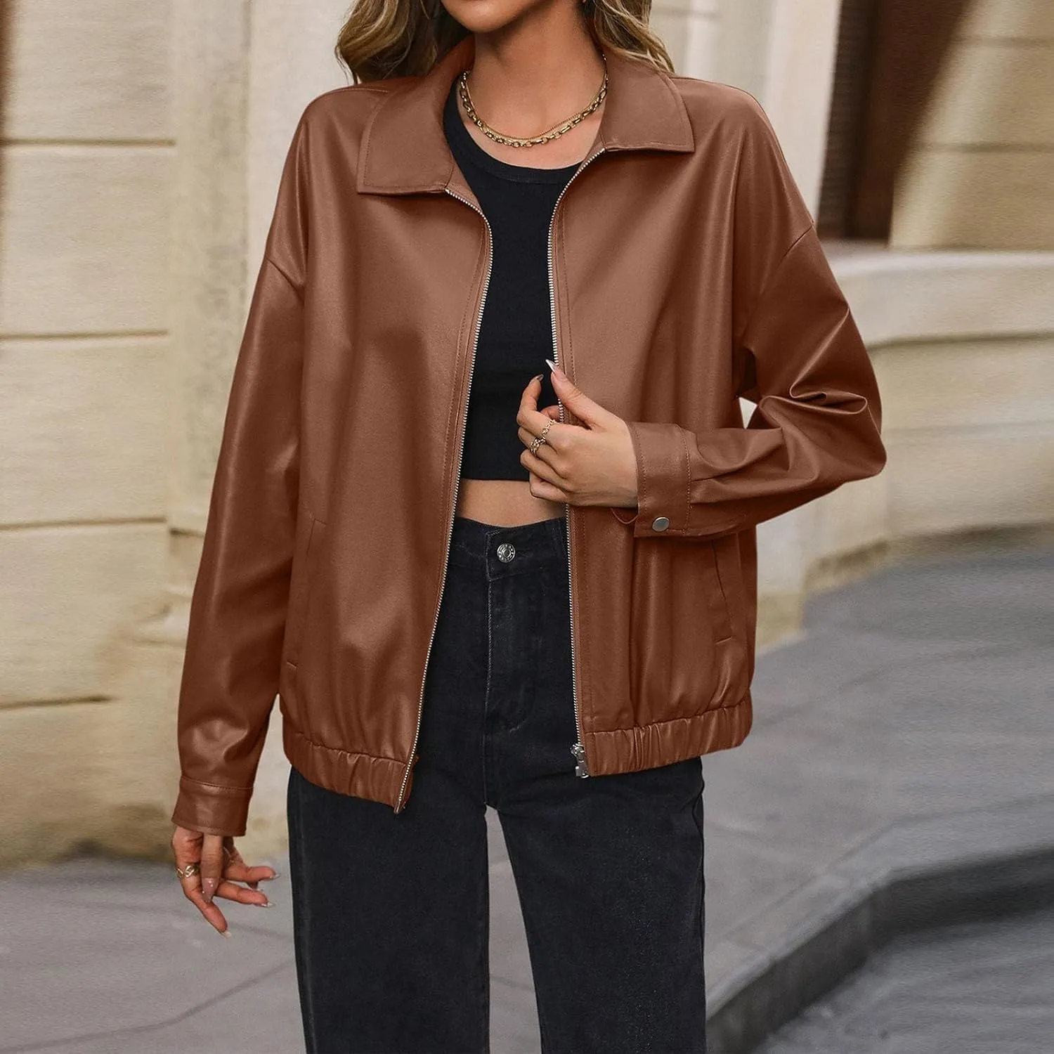 Women's Oversized Leather Jackets Casual Zip Up Long Sleeve Lapel Jacket Faux Suede Motorcycle Jacket with Pockets