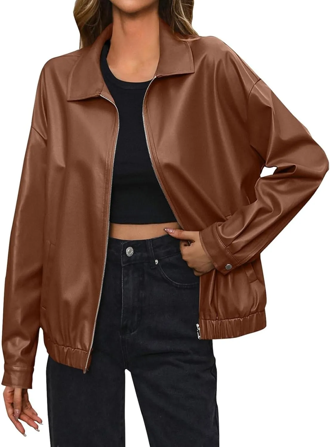 Women's Oversized Leather Jackets Casual Zip Up Long Sleeve Lapel Jacket Faux Suede Motorcycle Jacket with Pockets