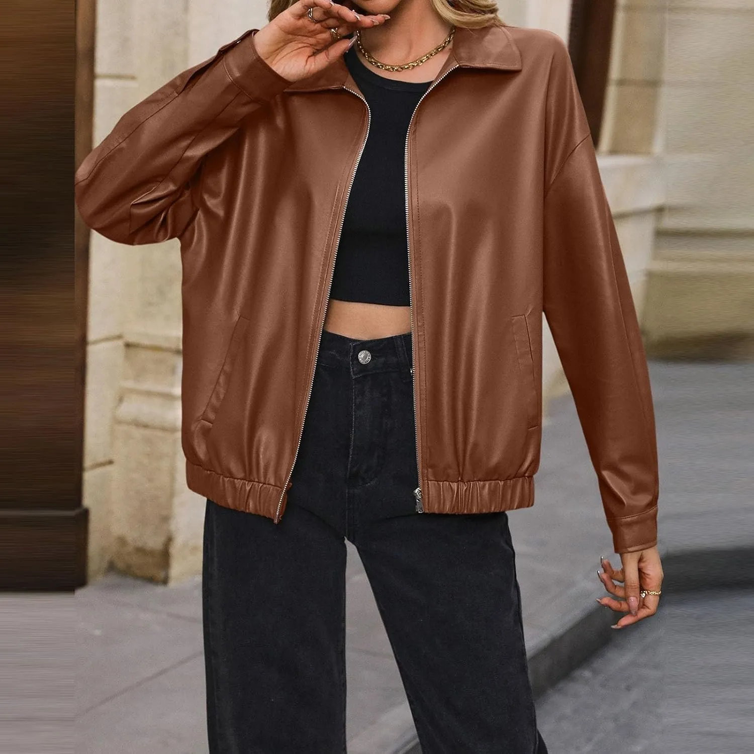 Women's Oversized Leather Jackets Casual Zip Up Long Sleeve Lapel Jacket Faux Suede Motorcycle Jacket with Pockets