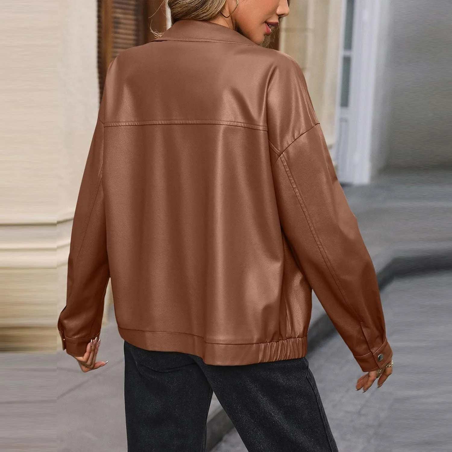 Women's Oversized Leather Jackets Casual Zip Up Long Sleeve Lapel Jacket Faux Suede Motorcycle Jacket with Pockets