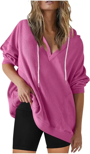 Womens Oversized Sweatshirt V Neck Hoodies Casual Drawstring Hooded Pullover Top Waffle Long Sleeve Workout Tops