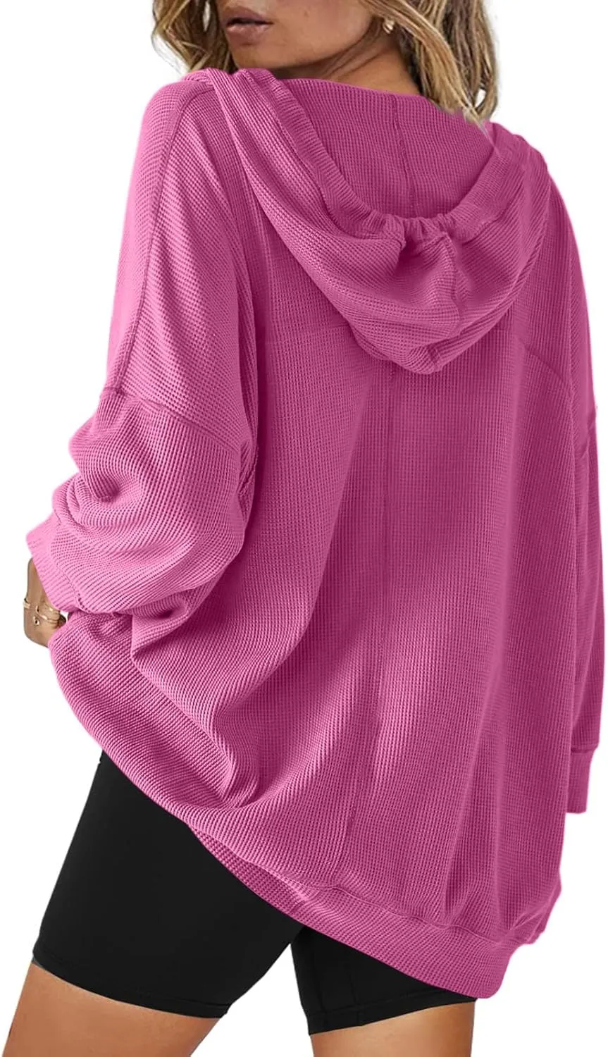 Womens Oversized Sweatshirt V Neck Hoodies Casual Drawstring Hooded Pullover Top Waffle Long Sleeve Workout Tops
