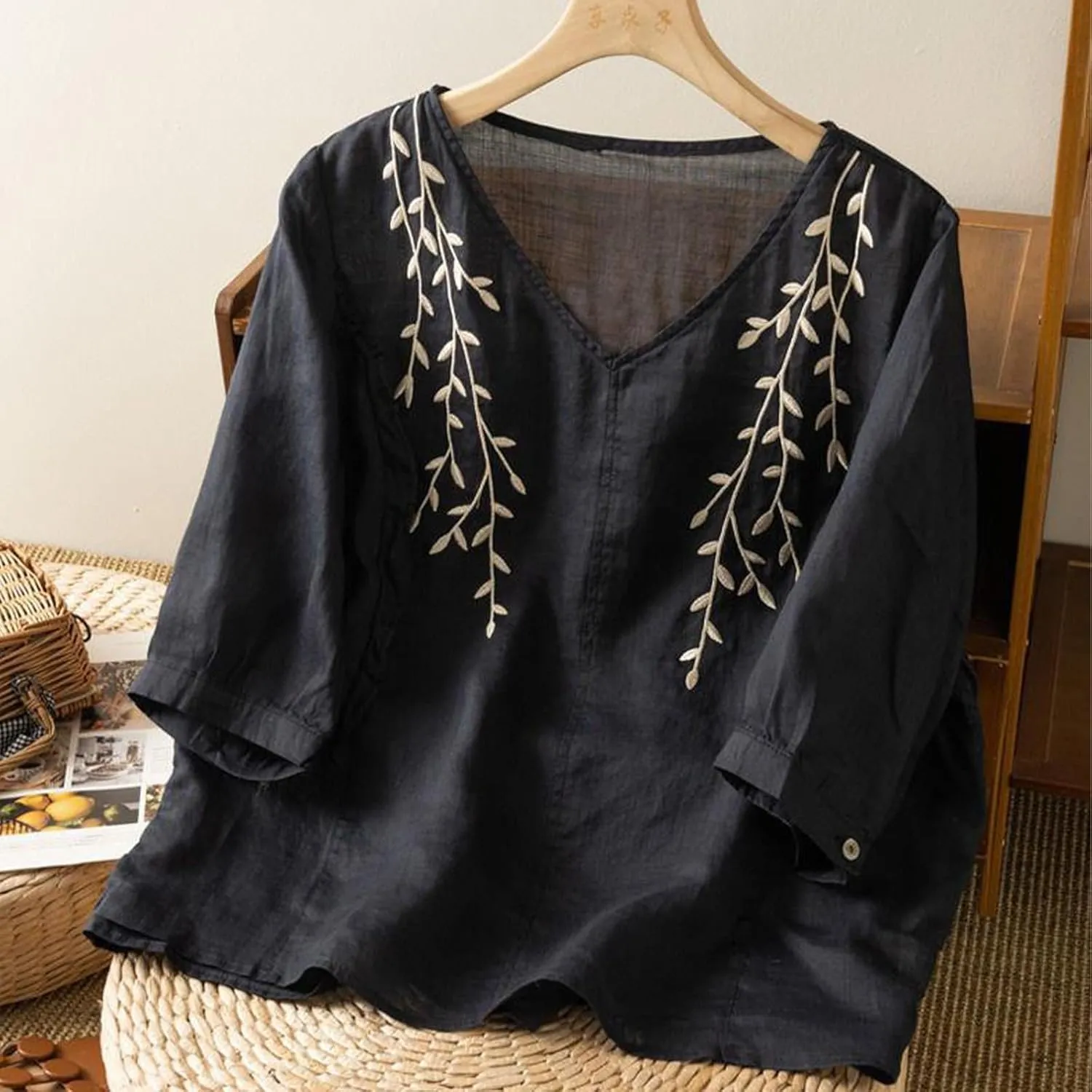 Womens Peasant Tops and Blouses Summer Fashion Embroidered Shirts Fashion Short Sleeve Cotton Linen Shirt