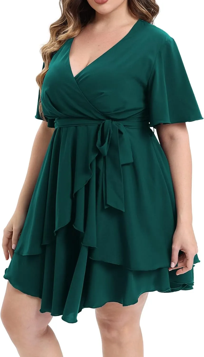 Womens Plus Size Dress Summer Short Sleeve V Neck Wrap Dress Casual Dressy Cocktail Party Mini Dresses