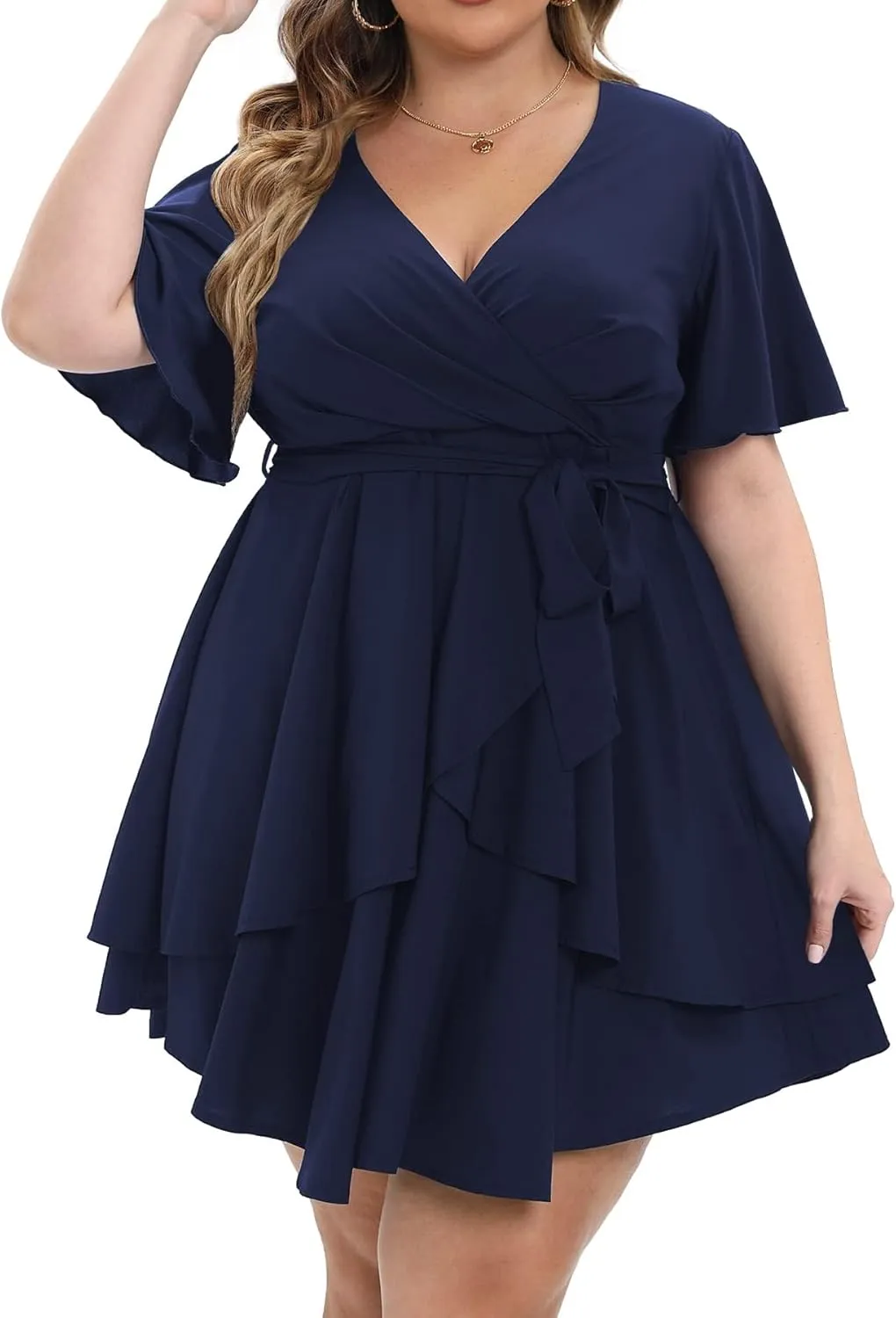 Womens Plus Size Dress Summer Short Sleeve V Neck Wrap Dress Casual Dressy Cocktail Party Mini Dresses