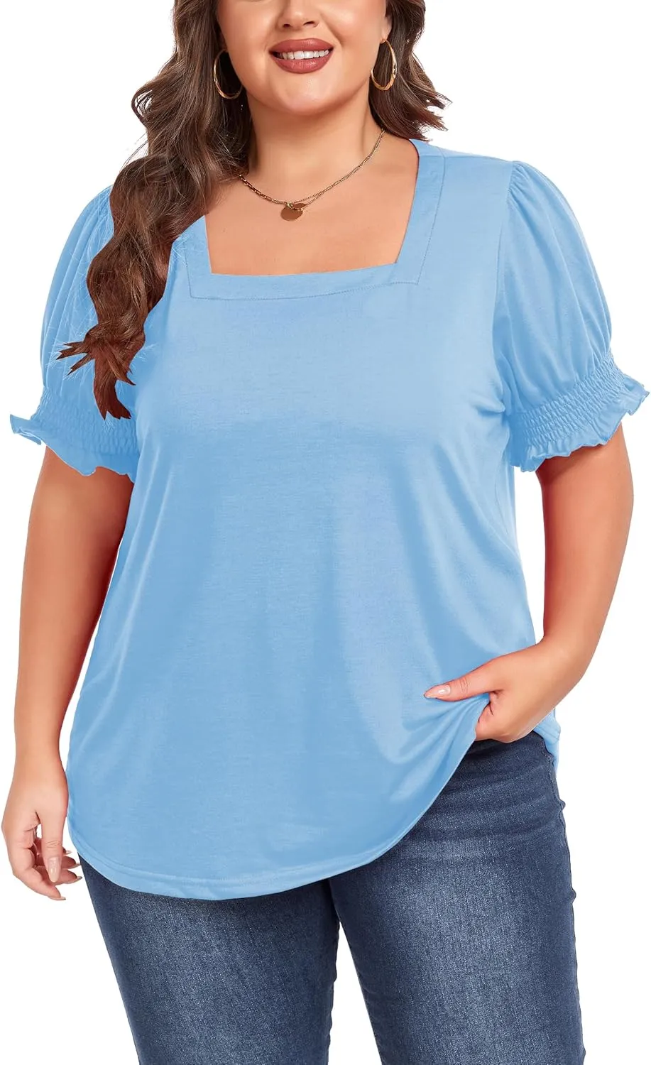 Women's Plus Size Tops Square Neck Blouses Short Sleeve T Shirts Casual Ruffle Trim Sleeve Tunic Tops